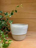 Tasse expresso Kopi beige en grès artisanal, placée sur une surface en bois avec une plante verte décorative à côté.
